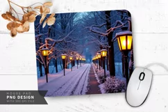 Frosty Winter Forest with Snowflakes Mouse Pad PNG Product Image 1