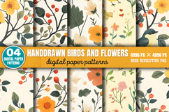 Handdrawn Birds And Flowers Patterns Digital Paper PNG Product Image 1