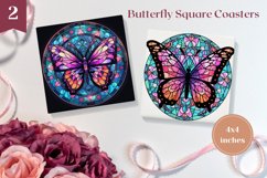 Butterflies Coaster Sublimation, Stained Glass Butterfly PNG Product Image 1