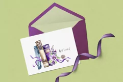 VIOLET BOOKS and flowers. Watercolor romantic PNG clipart Product Image 2