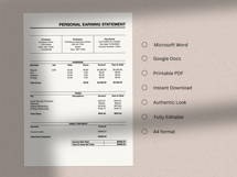 Pay stub form | Personal earning statement template | word Product Image 4