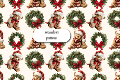 Cute Christmas Teddy Bear Seamless Pattern on Red Stripes Product Image 1