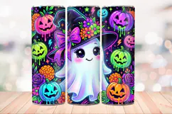 Neon Cute Ghost 20 OZ Skinny Tumbler Wrap Sublimation PNG. Product Image 4