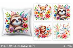 Cute Animals Pillow Design. Flowers Pillow Sublimation Product Image 1
