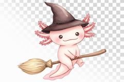 Halloween Axolotl Flying Witch Hat Broom PNG Uparupa Product Image 1