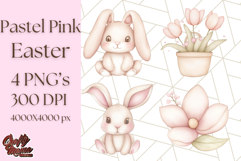 Pastel Pink Easter Bunny Egg and Flowers Clipart PNG Product Image 1