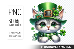 St. Patrick’s Day Cat with Green Hat Clipart, Shamrocks PNG Product Image 1