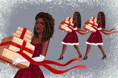African American Christmas girl with gift clipart PNG Product Image 9