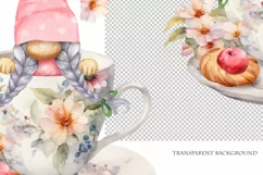 Watercolor gnome in a mug of tea with cookies, Gnome PNG Product Image 4