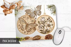 Hand Carved Wooden Butterfly and Floral Mouse Pad PNG Design Product Image 1