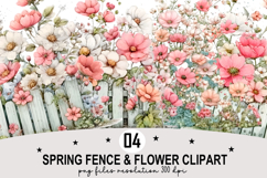 Whimsical Spring Fence &amp; Flower Clipart Watercolor Png Product Image 1