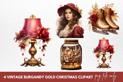 Vintage Burgandy Gold Christmas Clipart Sublimation Product Image 1