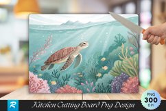 Serene Turtle in Pastel Underwater Floral Cutting Board PNG Product Image 1