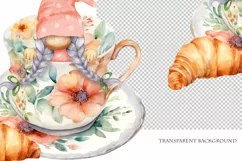 Watercolor gnome in a mug of tea with cookies, Gnome PNG Product Image 4