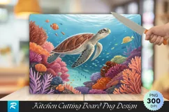 Sea Turtle Swimming Vibrant Coral Flowers Cutting Board PNG Product Image 1