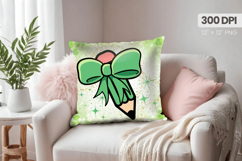 Cute Green Bow with Pencil Pillow PNG Sublimation Design Product Image 1