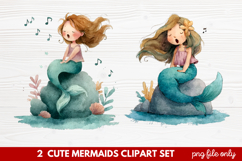 2 Cute Mermaids Clipart Set | Whimsical Mermaid Illustration Product Image 1