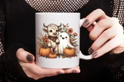 Retro Halloween Ghost And Highland Cow Png, Floral Fall Png. Product Image 4