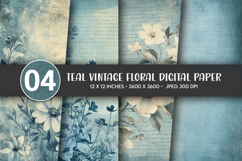 Teal Vintage Floral Digital Paper Product Image 1