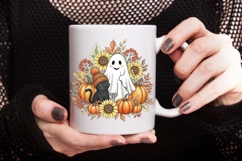 Retro Halloween Ghost And Cat Png, Floral Halloween Png. Product Image 4