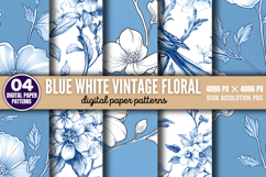Blue White Vintage Floral Chinoiserie Digital Paper PNG Product Image 1