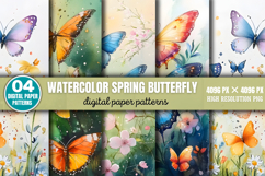 Watercolor Spring Butterfly Background Paper PNG Product Image 1