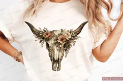 Boho Floral Cow Skull PNG Design | Western Bull Skull Sublim Product Image 5