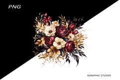 Black and Gold Flowers PNG, Watercolor Floral, Bouquet Product Image 1