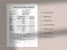Classic High School Transcript Template, MS Word, docs Product Image 4