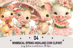 Whimsical Spring Highland Cow Clipart Watercolor PNG Product Image 1