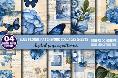 Blue Floral Patchwork Collages Sheets Digital Paper Patterns Product Image 1
