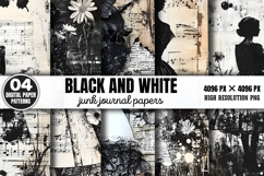 Black and White Junk Journal Paper Patterns PNG Product Image 1