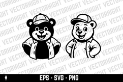 A cheerful black and white cartoon mascot of a bear Product Image 4