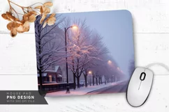 Snowy Street with Glowing Street Lamps Mouse Pad PNG Product Image 1