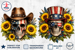 4th of July Clipart, American skull with sunflowers png Product Image 1