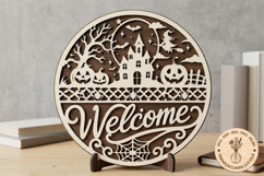 Haunted House Welcome Sign SVG, Halloween Round Door Sign Product Image 1