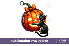 Coquette Halloween Pumpkin Black Cat PNG DTF Sublimation Product Image 1