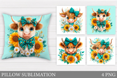 Cute Cow Pillow Design. Cow Flowers Pillow Sublimation Product Image 1