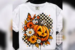 Floral Pumpkin Halloween PNG, Checkered Jack O Lantern Product Image 3