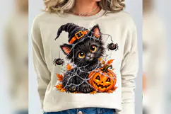 Cute Witch Black Cat Halloween PNG, Pumpkin Spider Web Spook Product Image 4