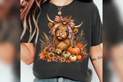 Fall Highland Cow PNG, Plaid Bow Pumpkin Cow, Autumn Floral Product Image 4