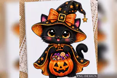 Halloween Black Cat PNG, Cute Witch Kitty Pumpkin Design Product Image 5