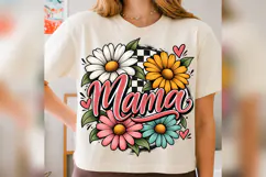 Floral Mama PNG, Retro Daisy Mom Design, Checkered Mother’s Product Image 1