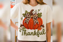 Crochet Pumpkin Thankful PNG, Leopard Bow Fall Design Product Image 3