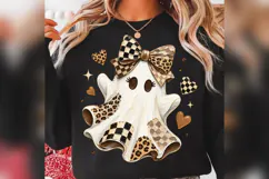 Coquette Ghost PNG, Leopard Checkered Bow Halloween PNG Product Image 3