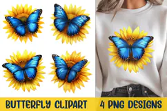 Blue Butterfly On Sunflower Clipart. Butterflies Sublimation Product Image 1
