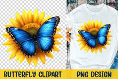 Blue Butterfly On Sunflower Clipart. Butterflies Sublimation Product Image 5