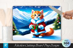 Santa Kitten with Gift and Snowy Mountains Cutting Board PNG Product Image 1