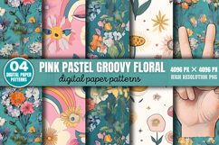 Pink Pastel Groovy Floral Digital Paper Background PNG Product Image 1