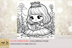 cute PRINCESS with book, kids Coloring Page png Product Image 1